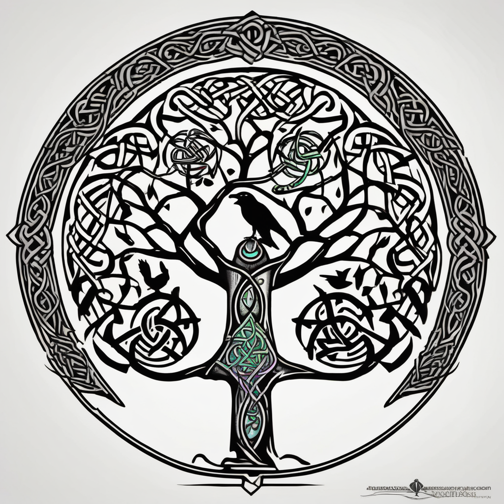 Irish shoulder tattoo, that is non-religious and has a Celtic tree and tribal ravens hello kitty tattoo, design de tatouage Old school généré par IA